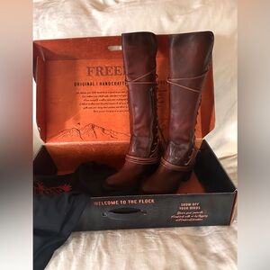Freebird Cognac lace up tall COAL Boots, with side zipper. NEW Size 7